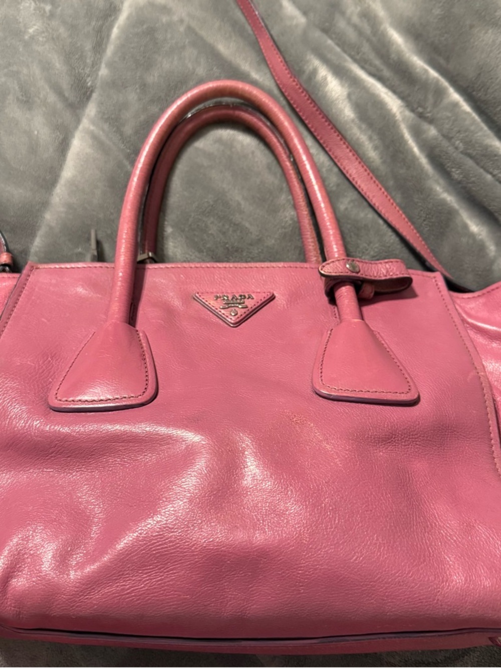 Authentic Prada Rose-Pink Leather Top-Handle Satchel with Shoulder Strap
